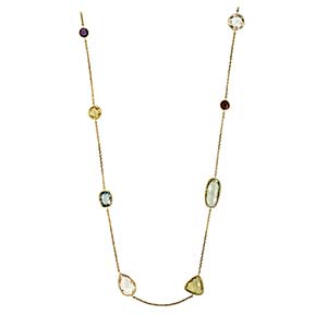 14k yellow gold amethyst, garnet, lemon quartz, green quartz, and blue topaz necklace
